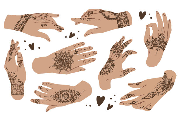 梅亨迪风格的手饰印第安图案。优雅的女人手势。平面风格在矢量插图。孤立在白色背景元素。手指、手掌。图片下载