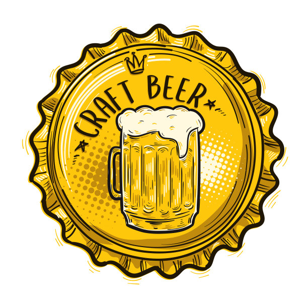精酿啤酒——瓶盖上绘有啤酒卡通玻璃标志的瓶盖图片下载