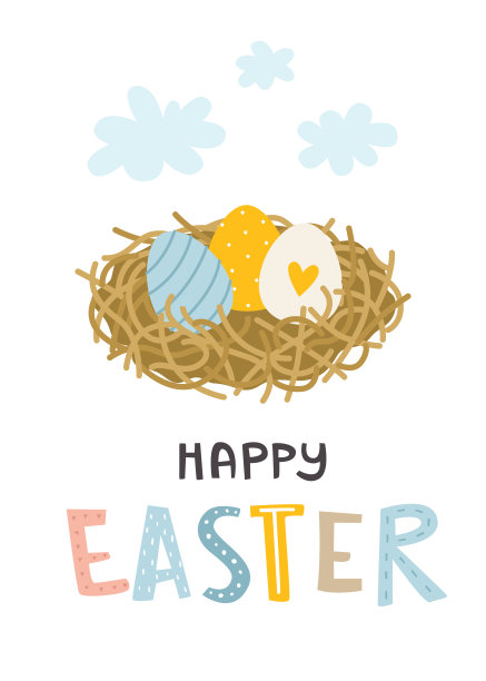 复活节在鸟巢海报上画彩蛋。复活节快乐涂鸦卡与字母。图片下载