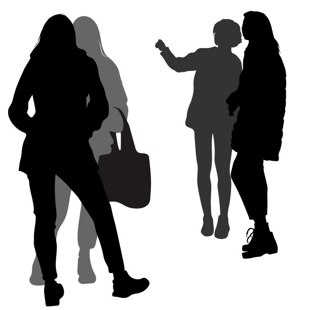 向量的女性剪影。4个女生2对闺蜜一边聊天，一边在寒冷的季节里在街上聊天。女孩的后视图女人把她的手放在一边图片下载