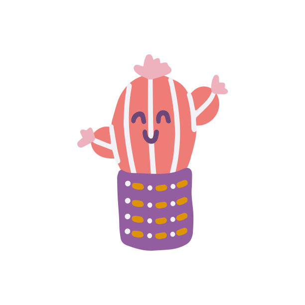 粉红色的仙人掌与花在花盆，矢量平面插图在卡通风格图片下载