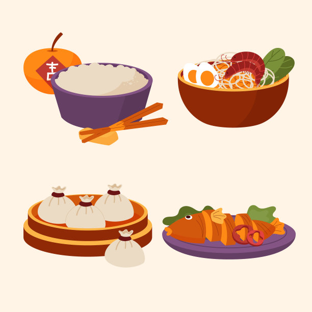 平面中国新年团圆饭食物设置矢量插图图片下载