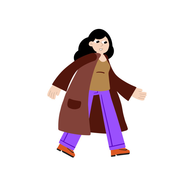 女人的外套。身着秋装的女性角色。女孩走。平面新潮卡通插画图片下载
