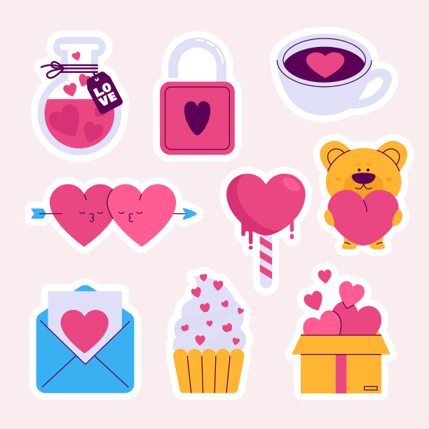 平坦的情人节贴纸设置矢量插图图片下载