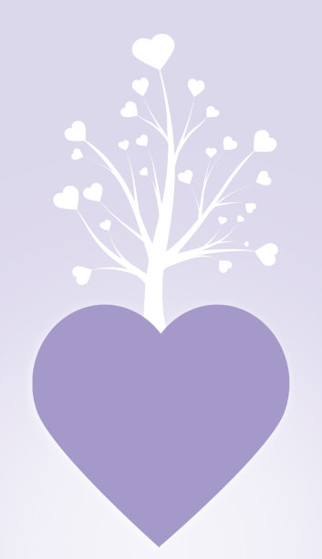 紫色的心，中间有一棵白色的树。插图，祝贺和节日明信片。图片下载