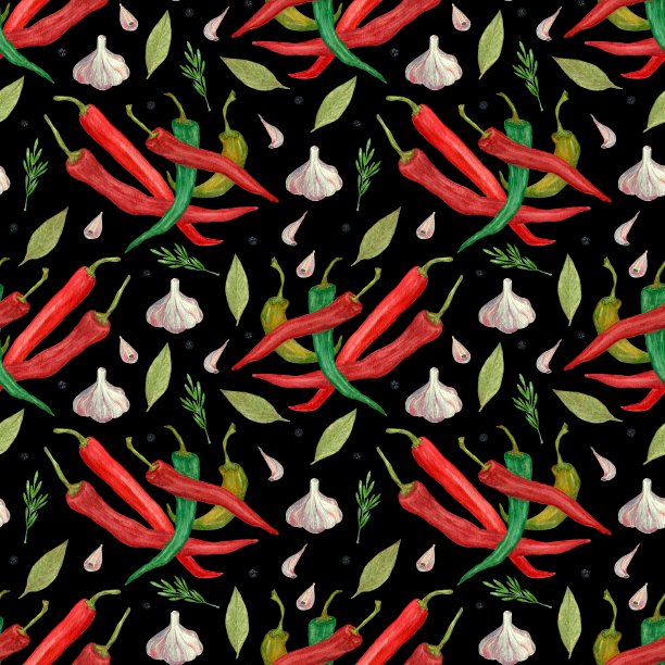 水彩无缝图案辣椒，大蒜和香料图片下载