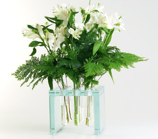 装着试管和百合花的现代玻璃花瓶图片下载