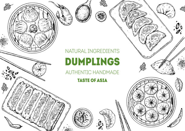 饺子顶视图框架。食品菜单设计模板。手绘矢量插图。中国的饺子。的插图。手绘食物草图。设计模板。图片下载