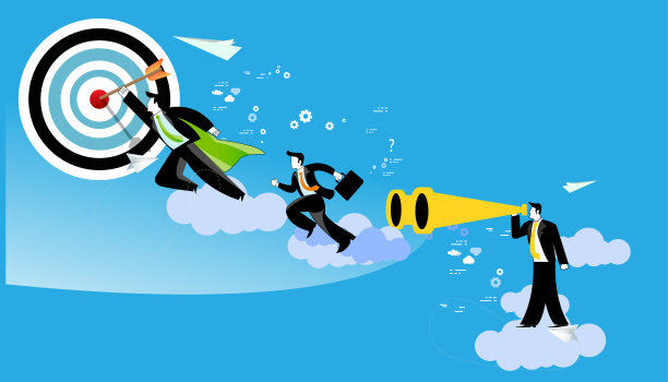 商人有望远镜般的远见。商人与商人奔跑，工人飞向成功。创意和概念插画业务。图片下载