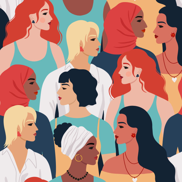 不同民族、不同民族、不同发型的女性无缝图案。女性多元化的肖像。3月8日国际妇女节设计。图片下载