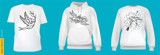 古董鸟打印。设置现实的t恤，运动衫，卫衣基布孤立在简单的背景。模型为品牌的男人或女人时尚。设计休闲模板。3 d矢量插图。图片下载