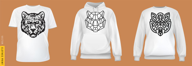 老虎头打印。设置现实的t恤，运动衫，卫衣基布孤立在简单的背景。模型为品牌的男人或女人时尚。设计休闲模板。3 d矢量插图。图片下载