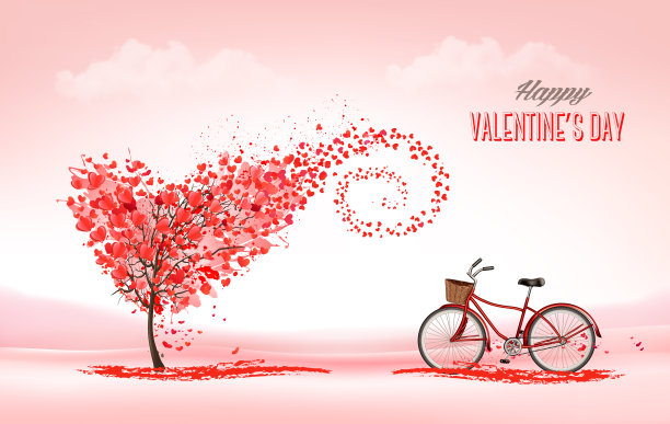 情人节的节日背景有心形的树，心形的叶子和自行车。爱的概念。向量图片下载