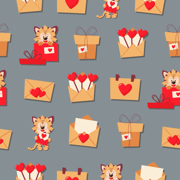 用爱心包装礼物。平面风格的矢量图案。图片下载