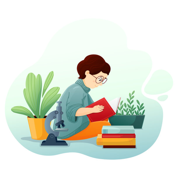 一个戴眼镜的孩子在看书。旁边有一台显微镜和一堆书。聪明的孩子。图片下载