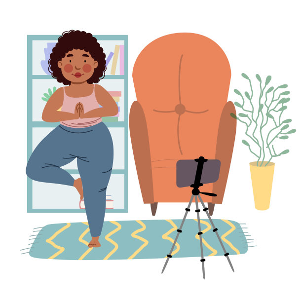 这个女孩在手机上上网络课程，做瑜伽。呆在家里的概念。图片下载