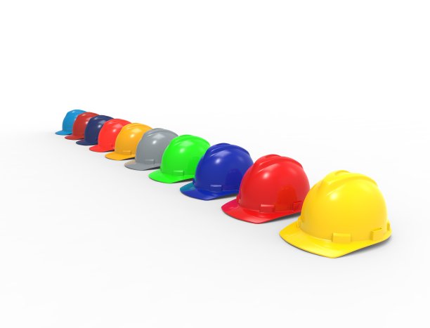 三维效果图三维渲染一排安全施工头盔。图片下载