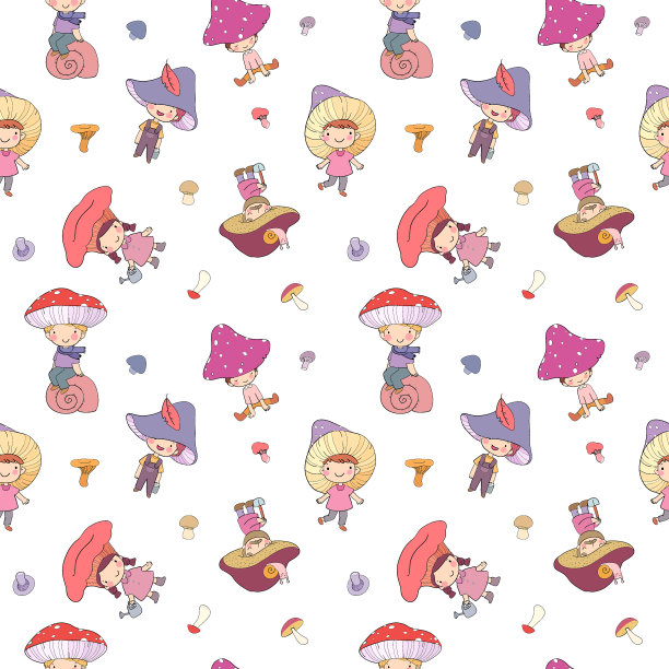 图案与可爱的卡通侏儒蘑菇。森林精灵。小仙女图片下载