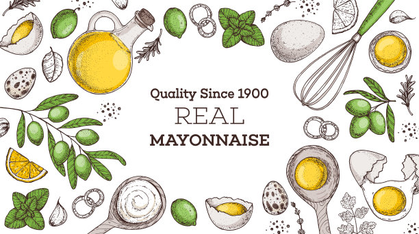 蛋黄酱烹饪及配料框架。手绘矢量插图。自制蛋黄酱，设计元素。手绘包装设计。油和鸡蛋。图片下载