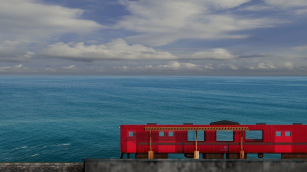 美丽的火车和车站的3d渲染与美丽的山图片下载