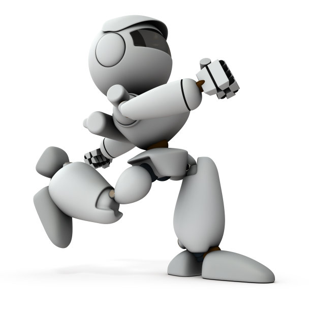 一个大步跑开的机器人。他张开手臂，从左向右跑。一个圆形头的白色人形机器人。全身。3 d渲染。孤立的白色背景。图片下载