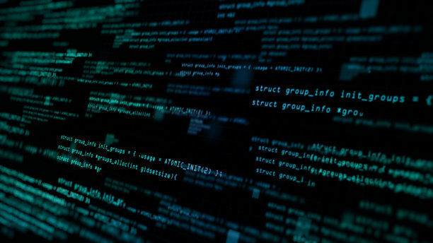 摘要计算机代码在数字空间运行技术。程序代码在黑屏背景上移动。三维渲染图片下载