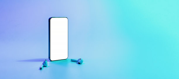 模拟应用。移动智能手机技术黑屏。模拟智能手机设备，霓虹灯梯度横幅上的音频耳机设备。游戏设计，手机应用演示，作品集模型。图片下载