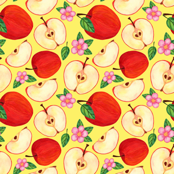 植物无缝图案与苹果片，四分之一和花。图片下载