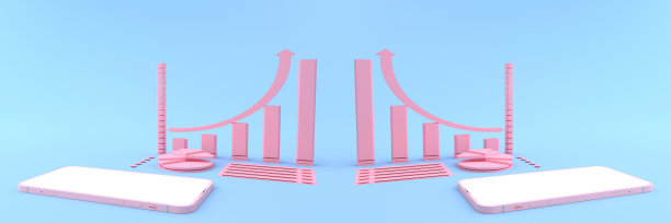 3D渲染模型粉红色智能手机白色屏幕对面的粉红色图形和圆形图形的模拟。智能手机的白色屏幕可用于商业广告，孤立于蓝色背景。图片下载