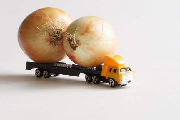 一辆玩具卡车载着待售的大洋葱。白色背景。概念的交付超大项目和新鲜蔬菜从新的收获图片下载