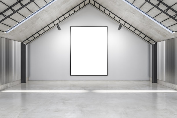 抽象的混凝土机库内部与空白色模拟海报墙上为您的广告。仓库和仓库概念。3 d渲染。图片下载