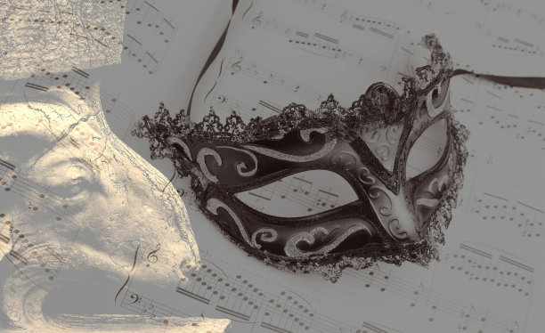 美丽的威尼斯面具和音符，双曝光照片图片下载