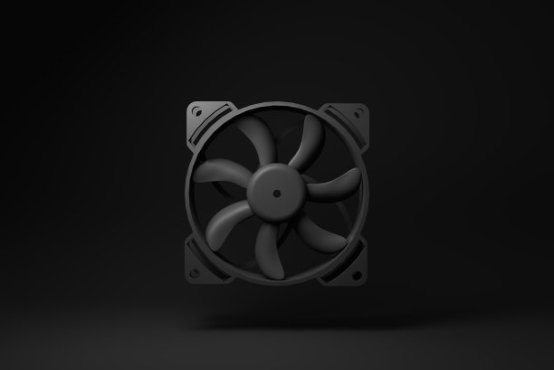 黑色的电脑冷却风扇漂浮在黑色的背景上。最小的概念的想法。单色。3 d渲染。图片下载