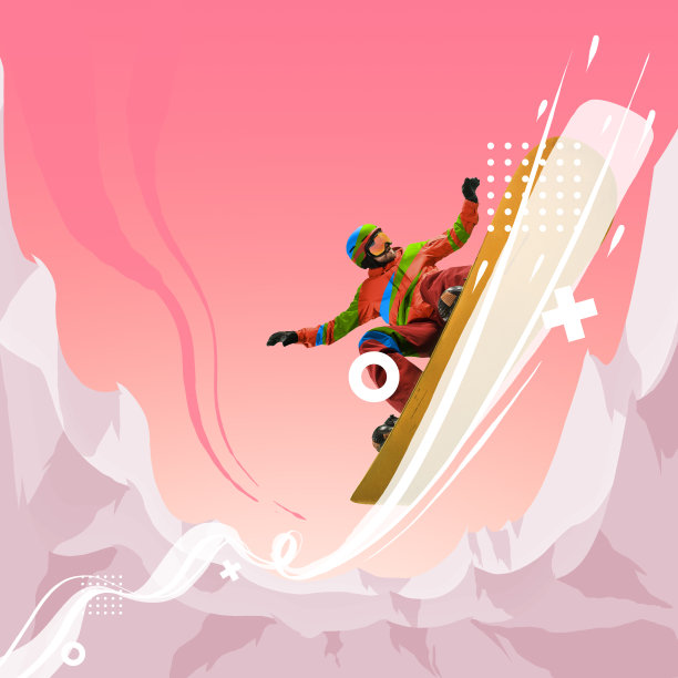 当代艺术拼贴。创造性的作品。专业运动员，滑雪板运动员在滑雪板运动服装孤立明亮的背景。图片下载