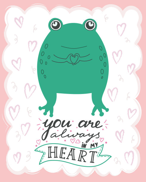 插图可爱可爱的青蛙与字母你永远在我的心里。情人节概念卡通人物恋爱图片下载