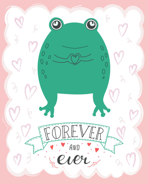 插图可爱可爱的浪漫青蛙与字母永远和永远。情人节概念卡通人物恋爱图片下载