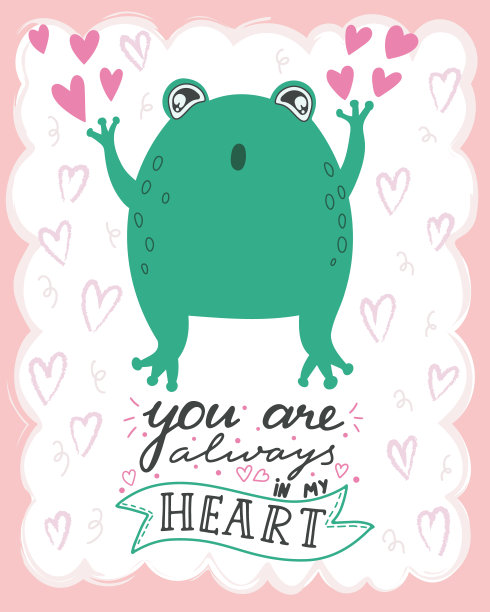 插图可爱可爱的青蛙与字母你永远在我的心里。情人节概念卡通人物恋爱图片下载