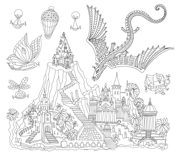 山上的童话城堡，棕榈树，河岸。飞龙、气球和飞艇。成人和儿童涂色书页图片下载