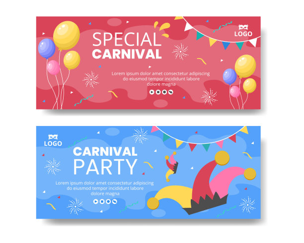 快乐嘉年华庆典横幅模板平面插图可编辑的广场背景适合社交媒体或贺卡图片下载