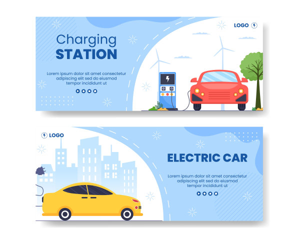 充电电动汽车电池横幅模板平面插图可编辑的广场背景适合社交媒体或网络广告图片下载