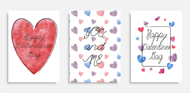 一组向量卡片为情人节。用画笔画的水彩心。简单、简约的节日贺卡。图片下载