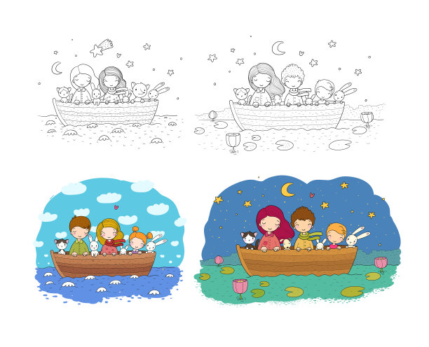 可爱的卡通姐妹与兔子、猫和狐狸在船上游泳。小女孩和有趣的动物。图片下载