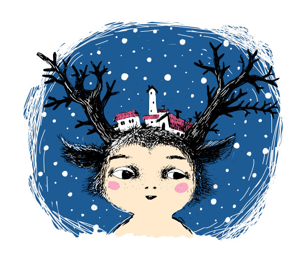 可爱的卡通鹿。雪人长着树，头上长着角。图片下载