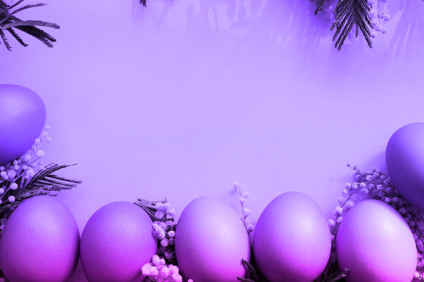 棕色的鸡蛋在黄色的背景和含羞草的分支与阴影。复活节春天的背景。本空间图片下载