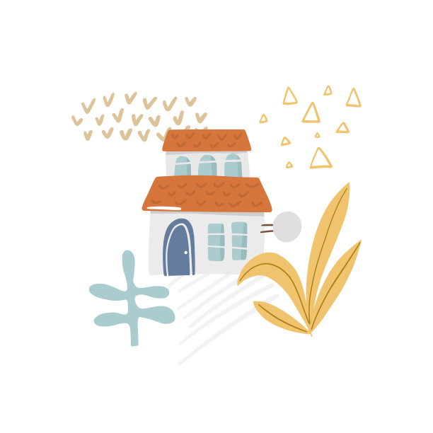 卡通屋的概念，村庄与花园孤立在白色上。森林平面矢量插图。抽象植物与雨云图标，儿童打印海报图片下载