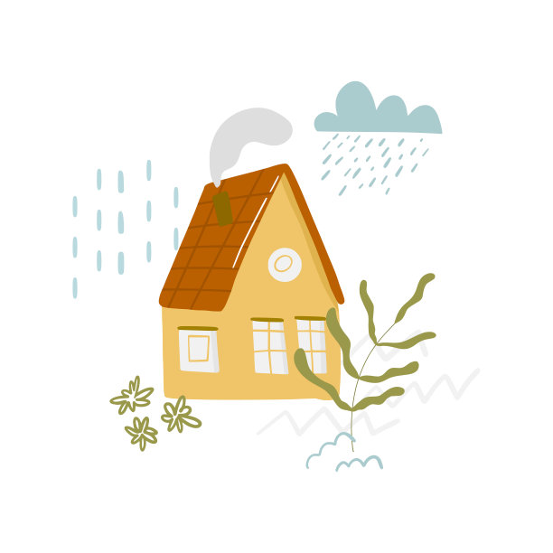 卡通屋的概念，村庄与花园孤立在白色上。森林平面矢量插图。抽象植物与雨云图标，儿童打印海报图片下载