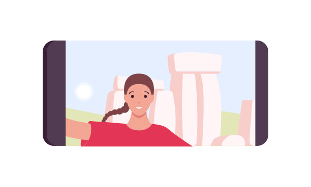 观光旅游和名胜旅游概念。矢量平面人插图。年轻成年女性游客在智能手机屏幕上自拍。抽象的背景上的巨石阵建筑符号。图片下载