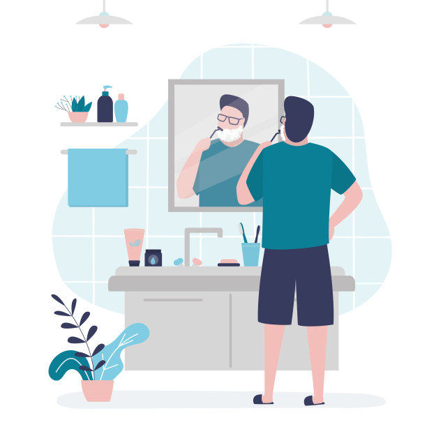 洗手池里有化妆品和剃须工具。男子在镜子前刮胡子图片下载