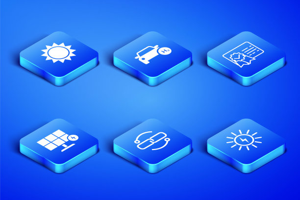 设置太阳能电池板，太阳，链条线，氢汽车和证书模板图标。向量图片下载