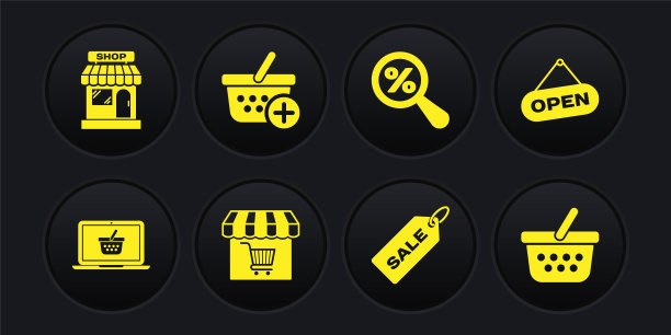 在笔记本电脑上设置购物篮，悬挂标志与开放的门，市场商店购物车，价格标签销售，放大镜百分比，添加，和图标。向量图片下载